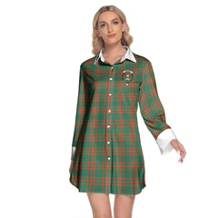 Menzies Green Ancient Tartan Crest Lapel Shirt Dress Long Sleeve