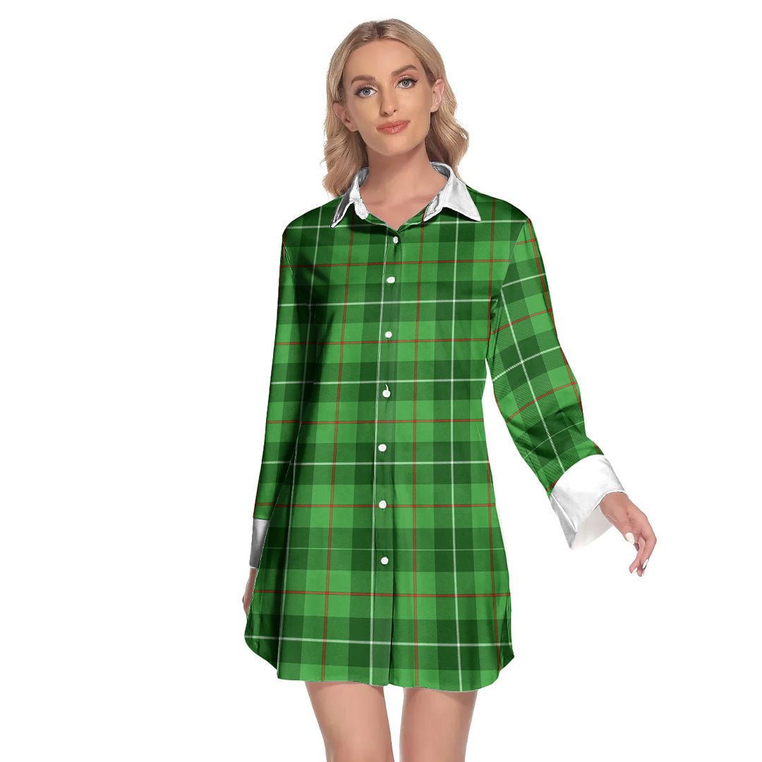 Galloway District Tartan Plaid Lapel Shirt Dress Long Sleeve