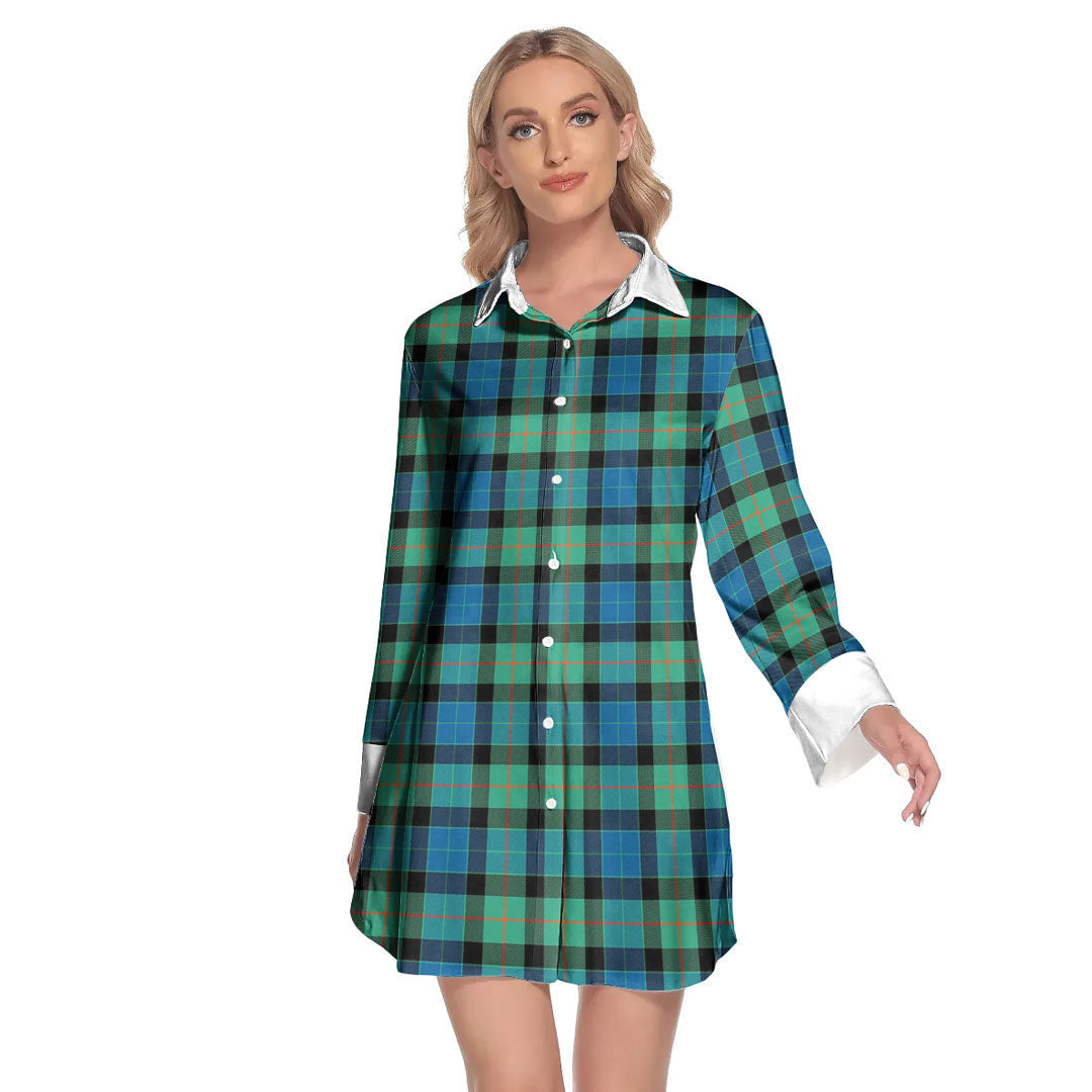 Gunn Ancient Tartan Plaid Lapel Shirt Dress Long Sleeve