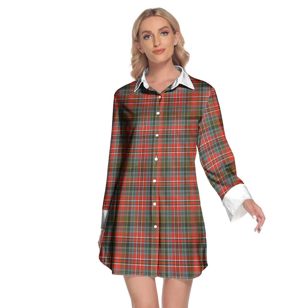 MacPherson Weathered Tartan Plaid Lapel Shirt Dress Long Sleeve