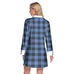 MacKay Blue Tartan Plaid Lapel Shirt Dress Long Sleeve