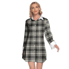 Menzies Black White Ancient Tartan Plaid Lapel Shirt Dress Long Sleeve