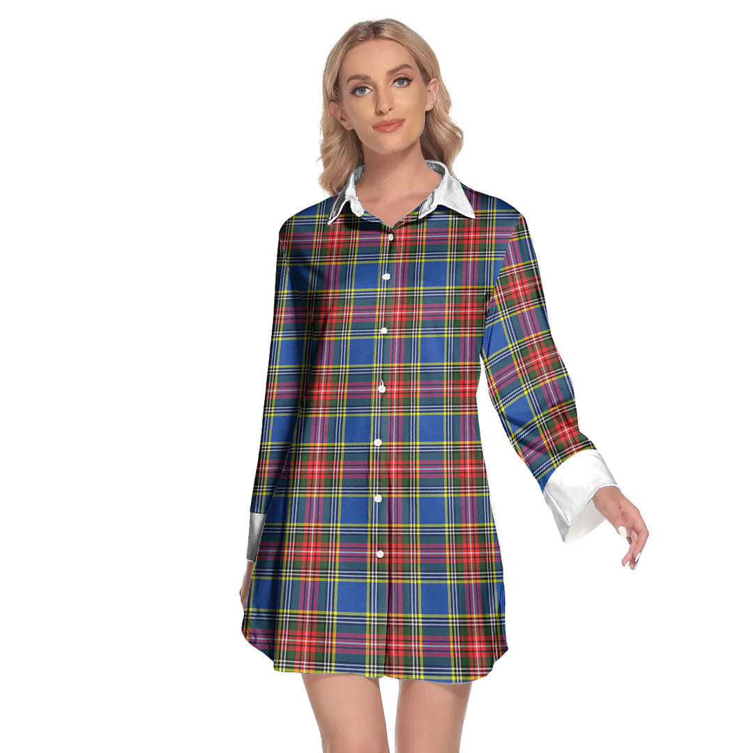 MacBeth Modern Tartan Plaid Lapel Shirt Dress Long Sleeve