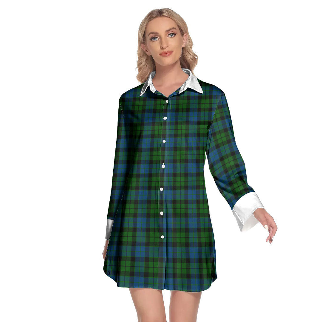 MacKay Modern Tartan Plaid Lapel Shirt Dress Long Sleeve