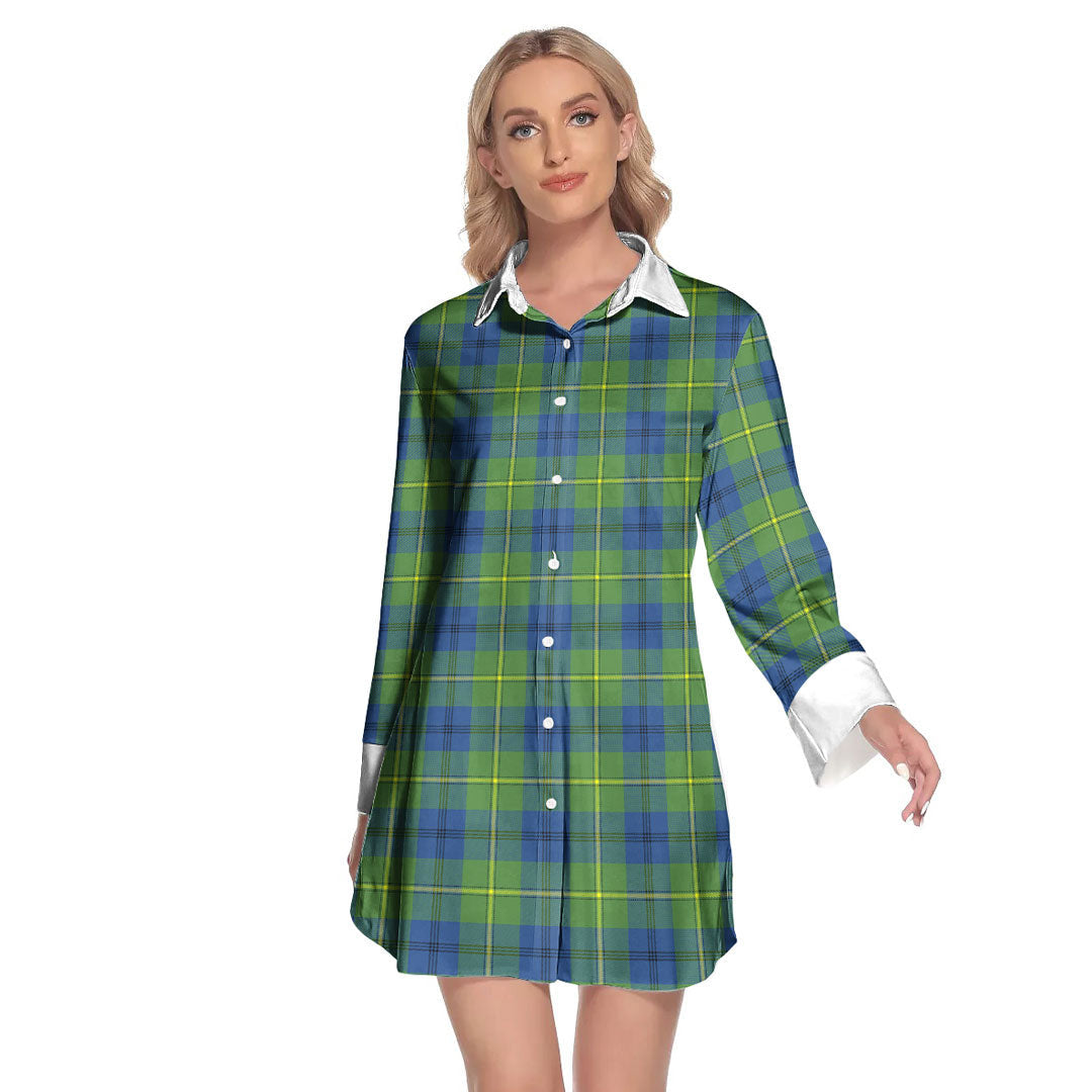 Johnston Ancient Tartan Plaid Lapel Shirt Dress Long Sleeve