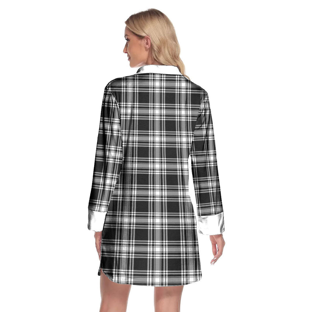 Menzies Black White Modern Tartan Plaid Lapel Shirt Dress Long Sleeve