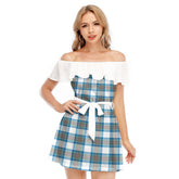Stewart Muted Blue Tartan Plaid Off-shoulder Dress With Ruffle