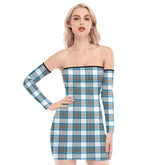Stewart Muted Blue Tartan Plaid Off-Shoulder Back Lace-Up Dress