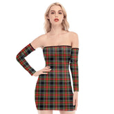 Stewart Black Tartan Plaid Off-Shoulder Back Lace-Up Dress