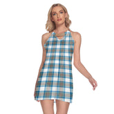 Stewart Muted Blue Tartan Plaid Round Neck Above Knee Dress