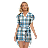 Stewart Muted Blue Tartan Plaid Stand-up Collar Casual Dress With Belt