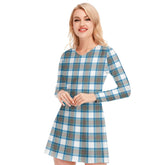 Stewart Muted Blue Tartan Plaid V-neck Long Sleeve Dress