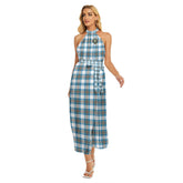 Stewart Muted Blue Tartan Crest Wrap Hem Belted Halter Dress