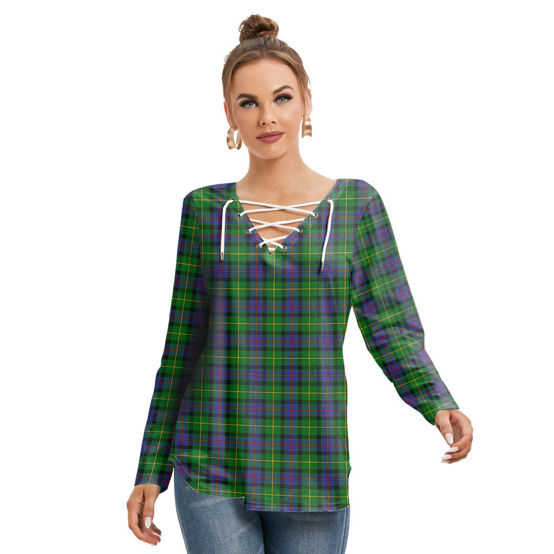 Tait Modern Tartan Plaid Long Sleeve Neckline Tie Sweatshirt