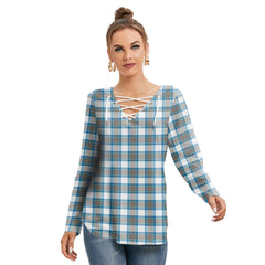 Stewart Muted Blue Tartan Plaid Long Sleeve Neckline Tie Sweatshirt