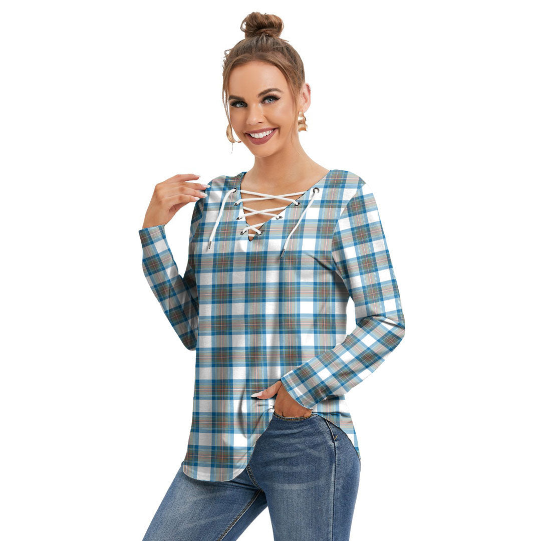 Stewart Muted Blue Tartan Plaid Long Sleeve Neckline Tie Sweatshirt