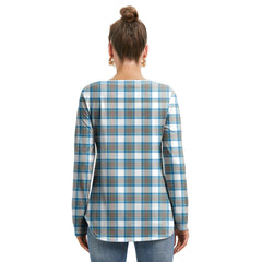 Stewart Muted Blue Tartan Plaid Long Sleeve Neckline Tie Sweatshirt