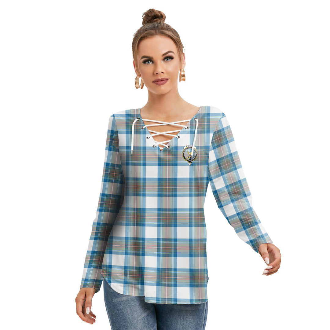 Stewart Muted Blue Tartan Crest Long Sleeve Neckline Tie Sweatshirt