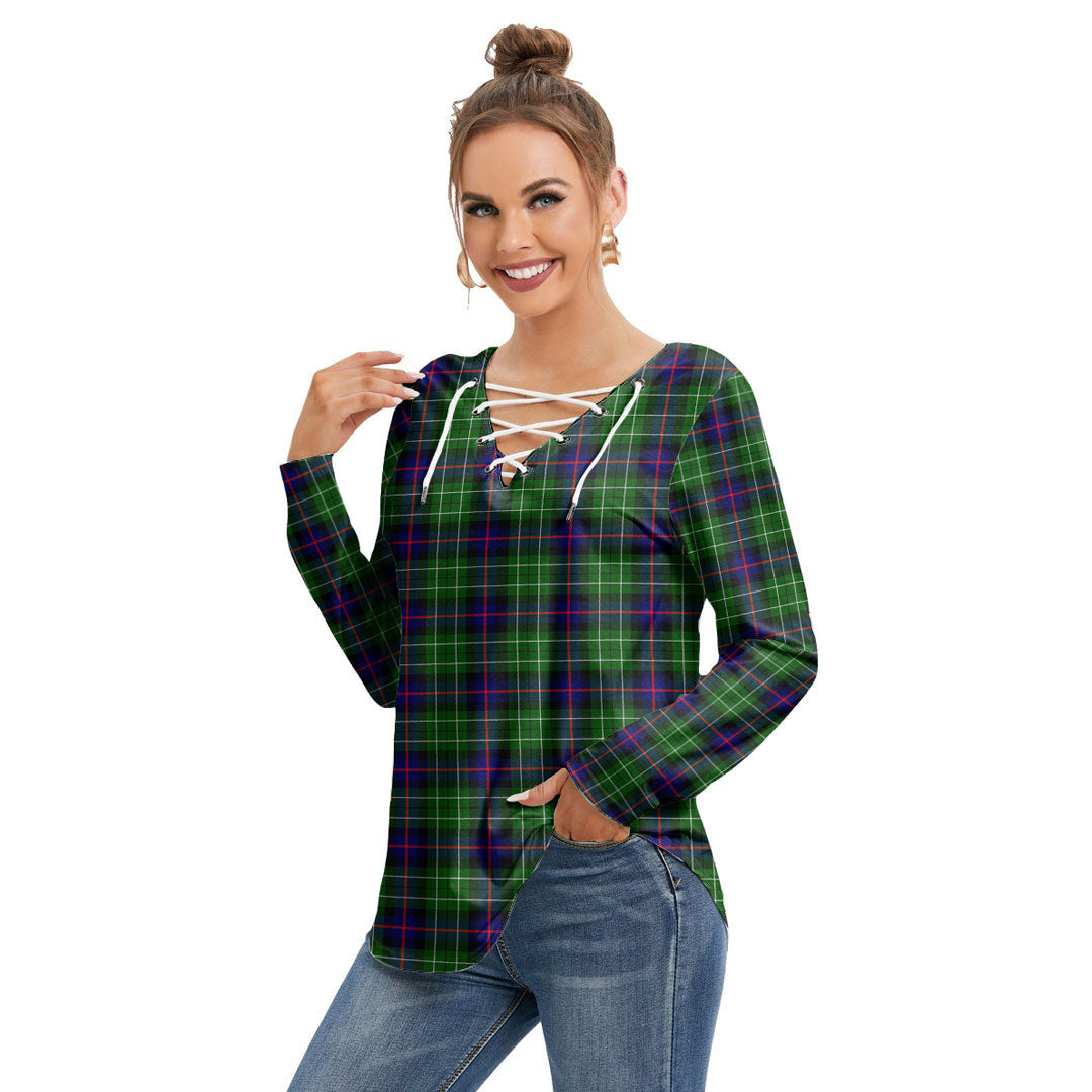 Leslie Hunting Tartan Plaid Long Sleeve Neckline Tie Sweatshirt