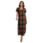 Stewart Black Tartan Crest V-neck Dress Side Slit