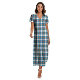 Stewart Muted Blue Tartan Plaid V-neck Dress Side Slit