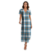 Stewart Muted Blue Tartan Crest V-neck Dress Side Slit