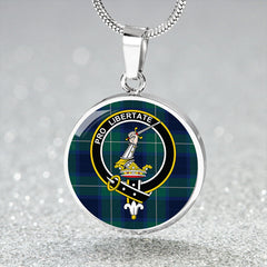 Wallace Blue (Wallas Blue) Modern Tartan Crest Circle Necklace