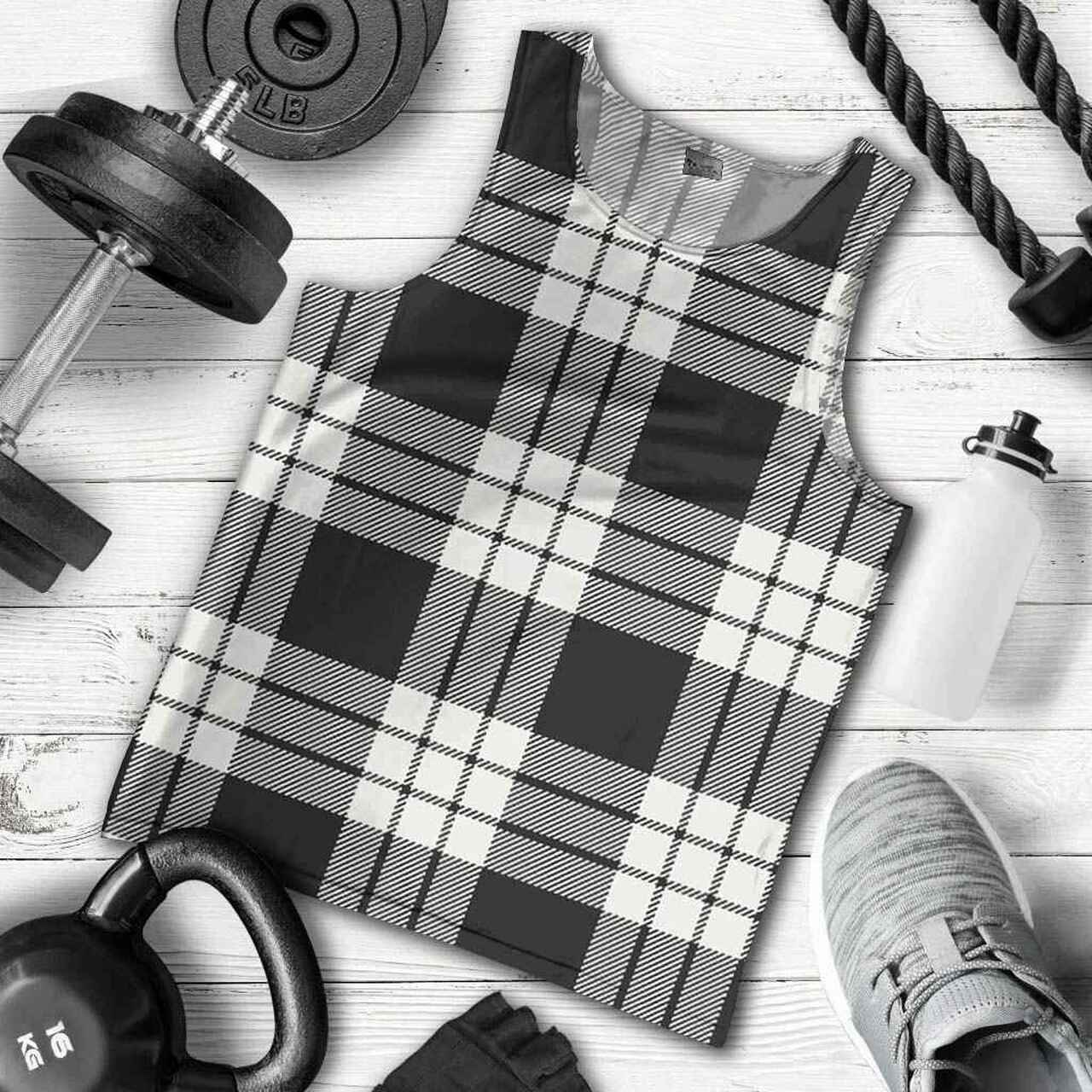 MacFarlane Black & White Ancient Tartan Plaid Men Tank Top