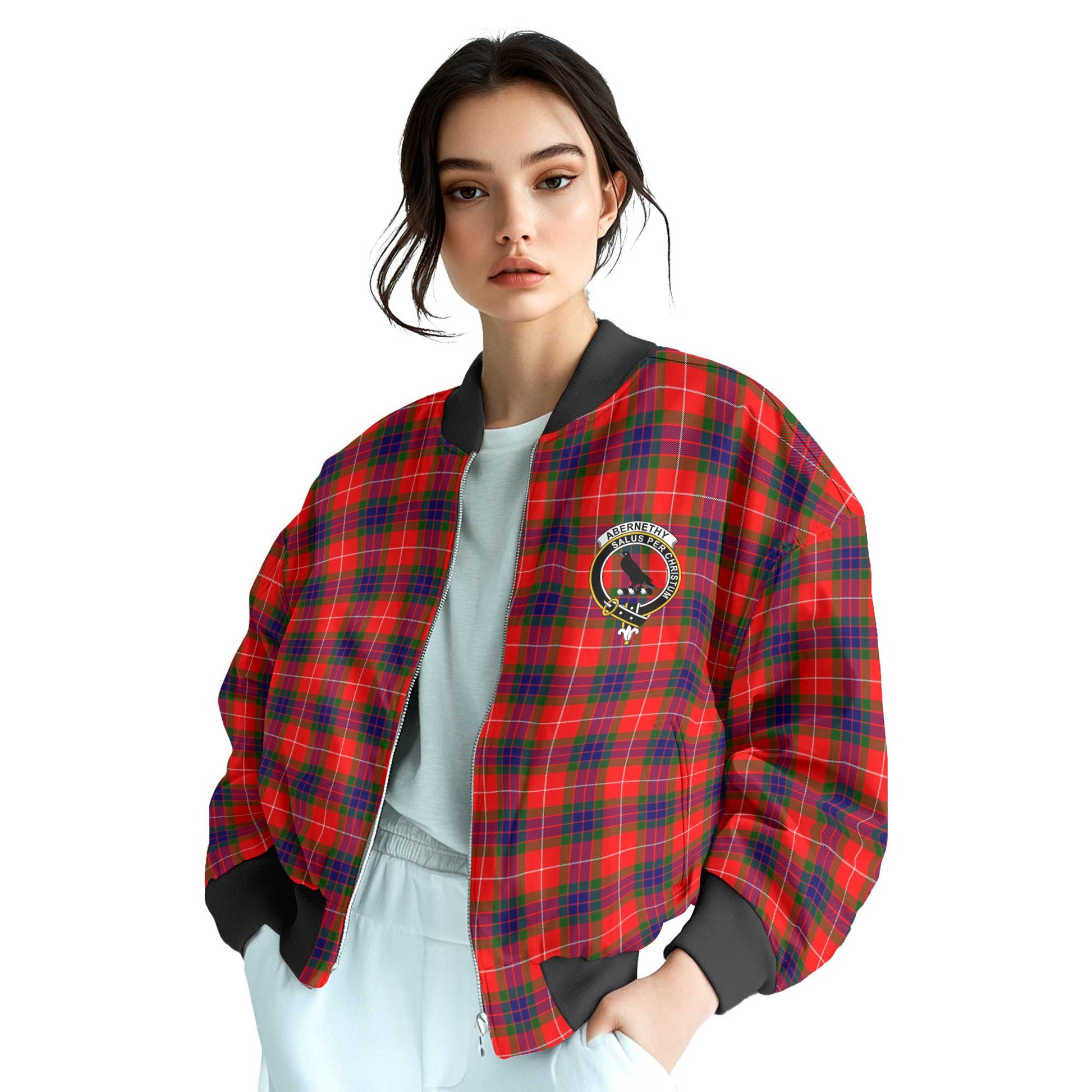 Clan Abernethy Tartan Women Bomber Jacket Crest And Plaid Basic Style