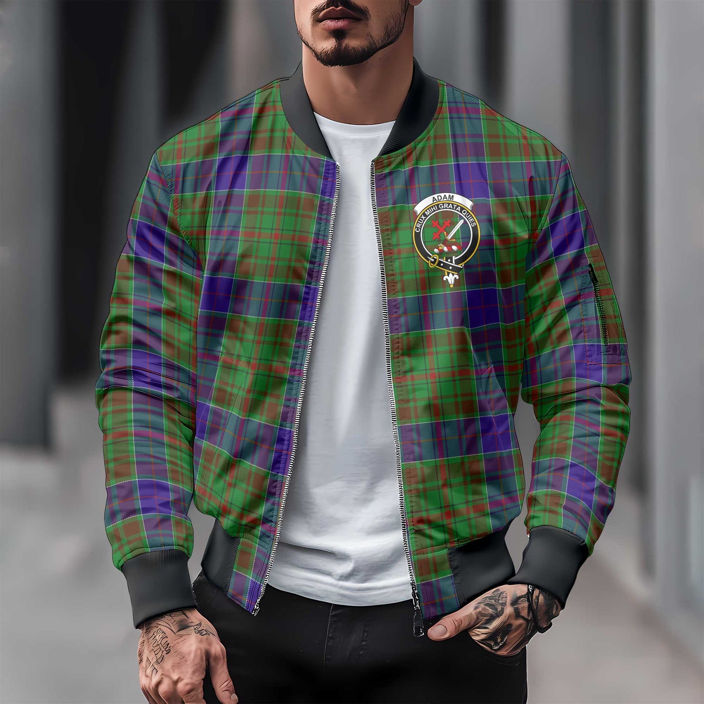 Clan Adam Tartan Men Bomber Jacket Crest And Plaid Basic Style