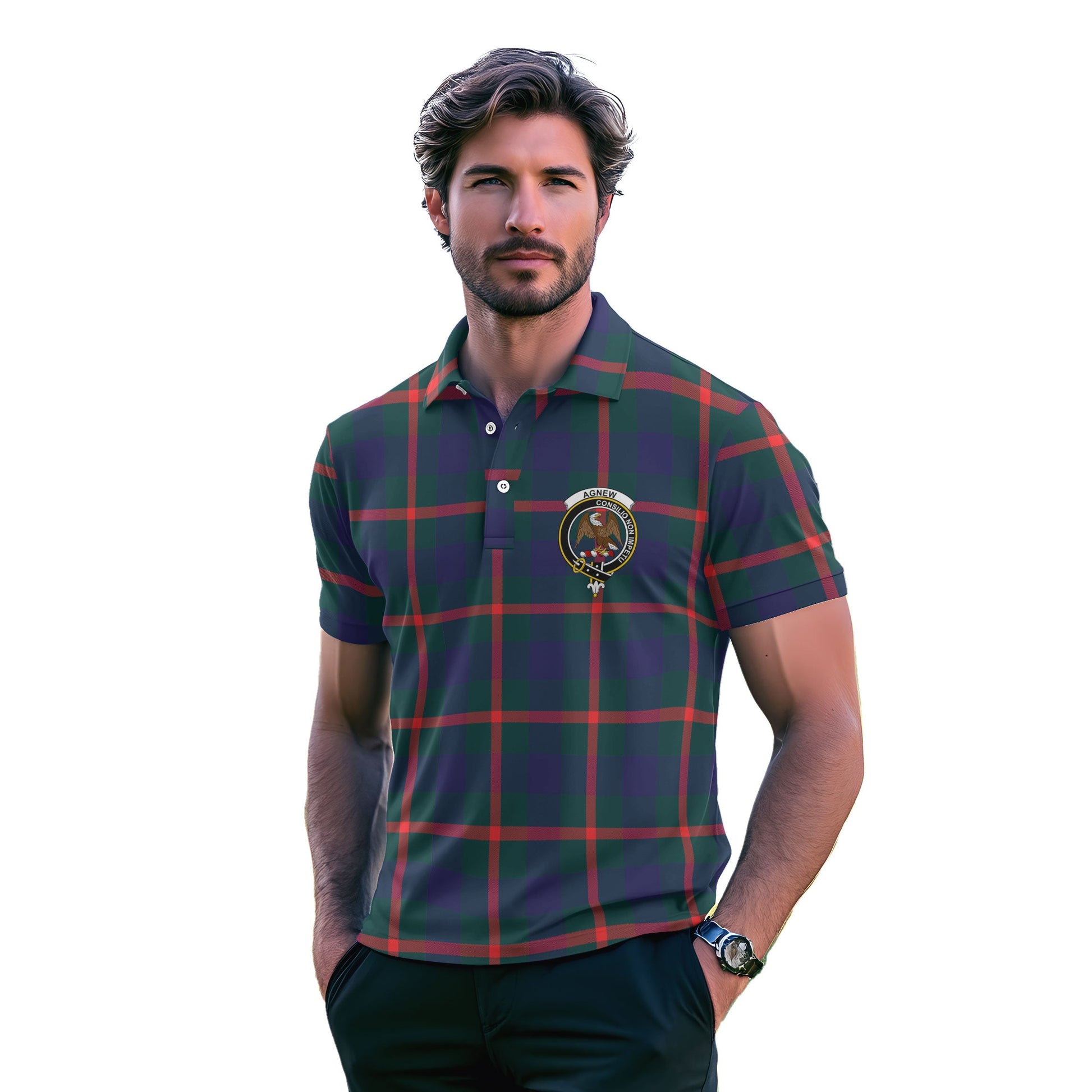 Clan Agnew Tartan Men Polo Shirt Crest And Plaid Basic Style