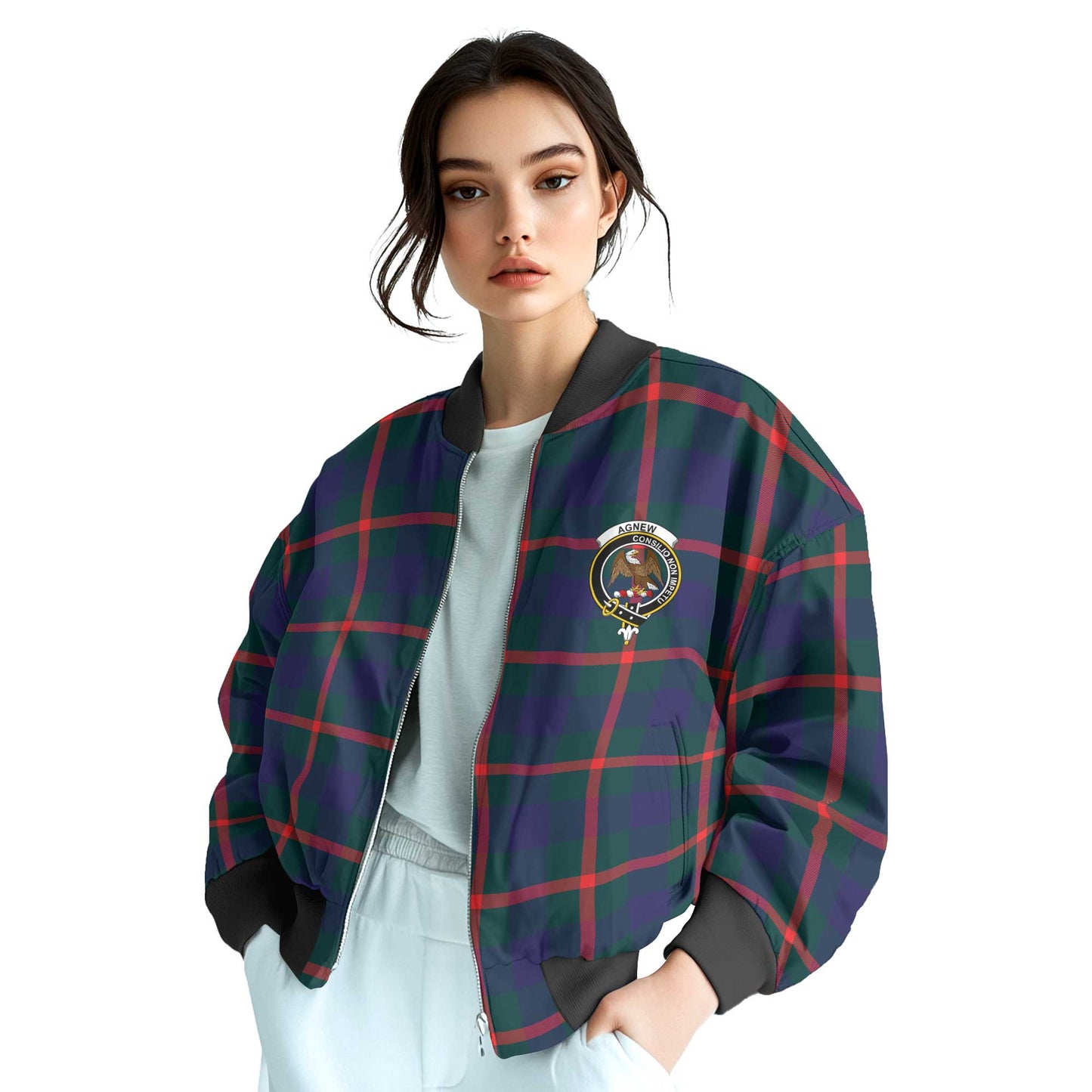 Clan Agnew Tartan Women Bomber Jacket Crest And Plaid Basic Style