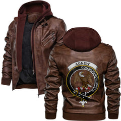 Clan Agnew Tartan Zip Leather Jacket Crest And Plaid Basic Style