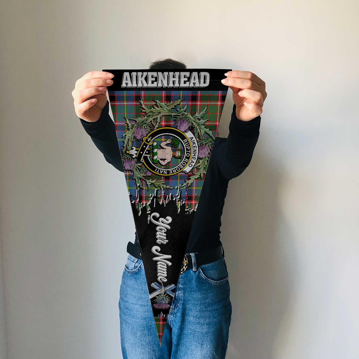 Clan Aikenhead Tartan Felt Pennant Crest And Plaid Basic Style