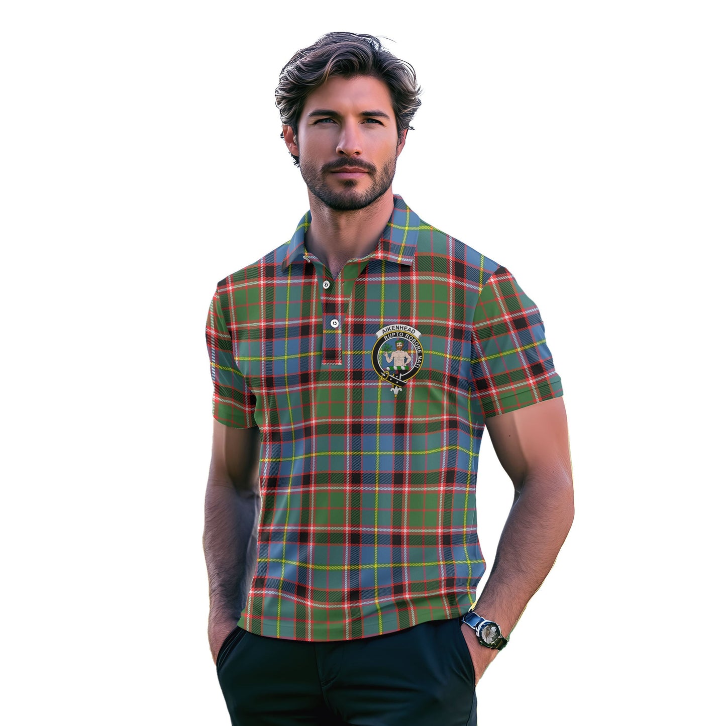 Clan Aikenhead Tartan Golf Men Polo Shirt Crest And Plaid Basic Style