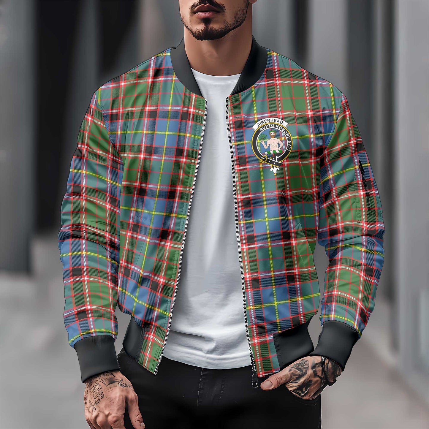 Clan Aikenhead Tartan Men Bomber Jacket Crest And Plaid Basic Style