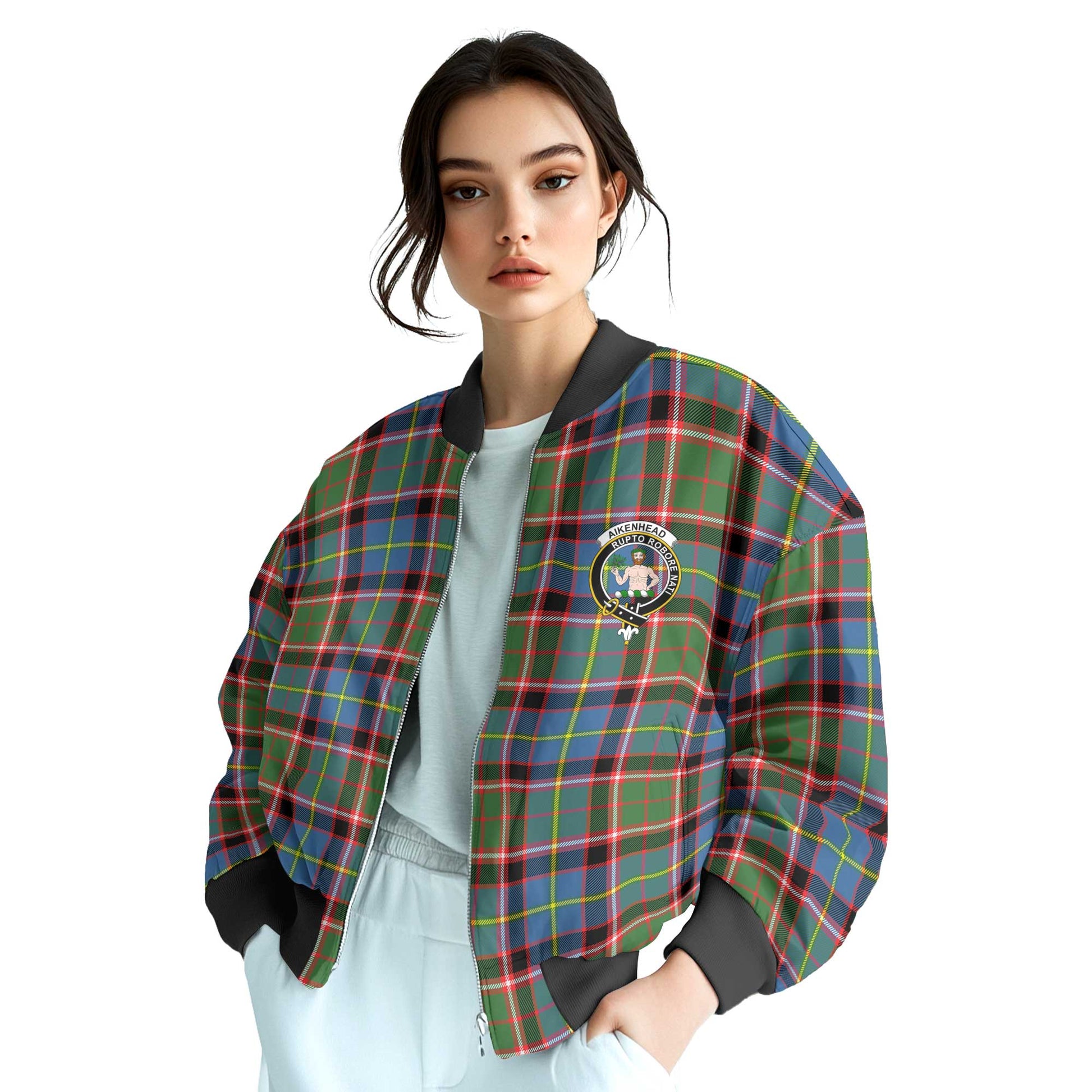 Clan Aikenhead Tartan Women Bomber Jacket Crest And Plaid Basic Style