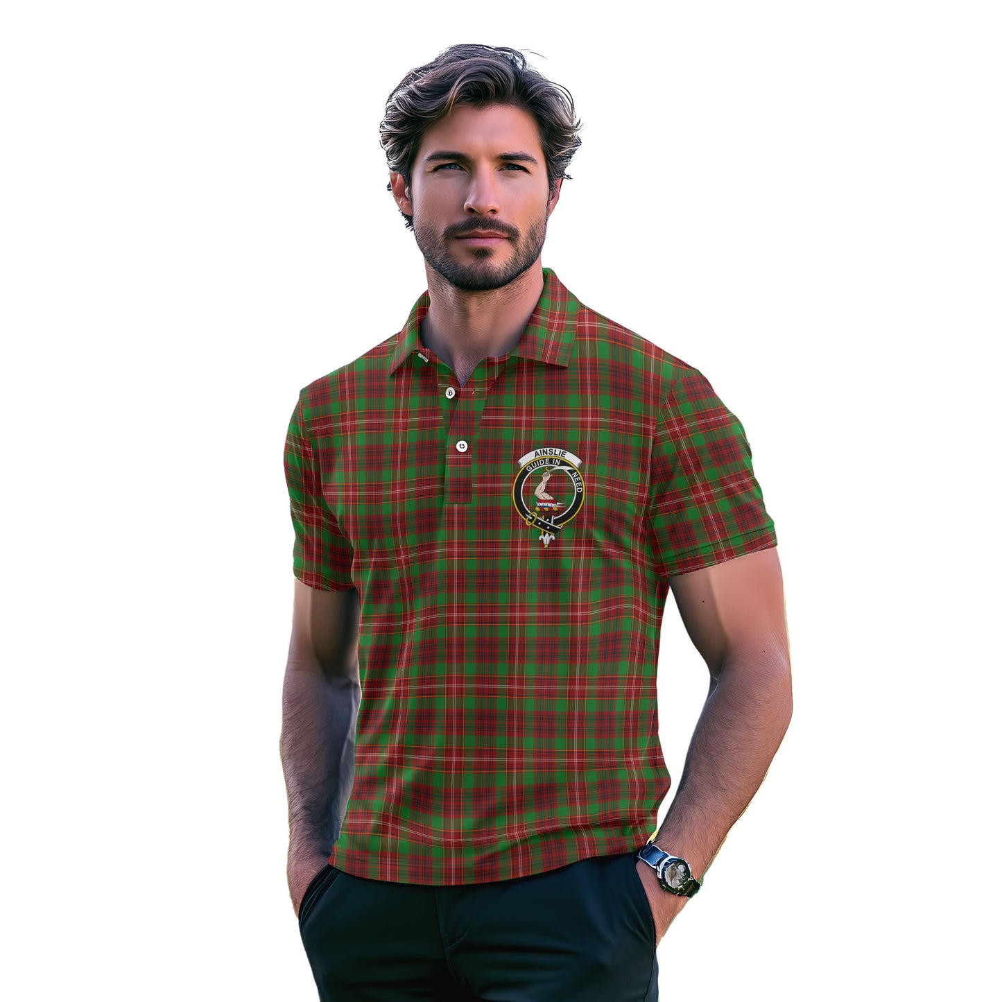 Clan Ainslie Tartan Golf Men Polo Shirt Crest And Plaid Basic Style