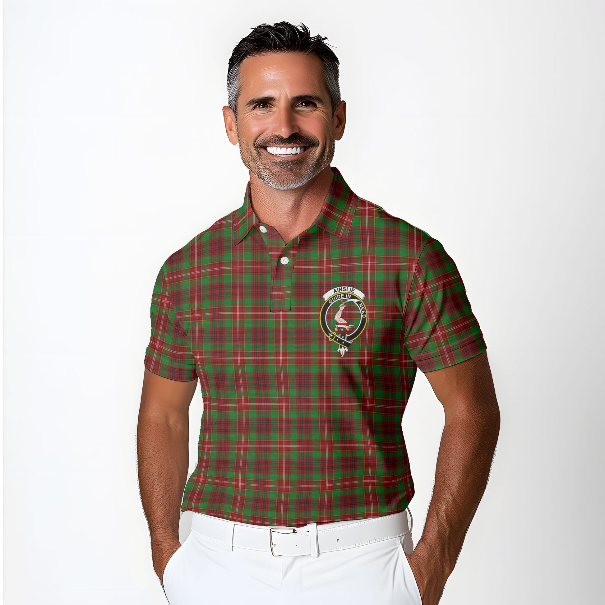 Clan Ainslie Tartan Golf Men Polo Shirt Crest And Plaid Basic Style