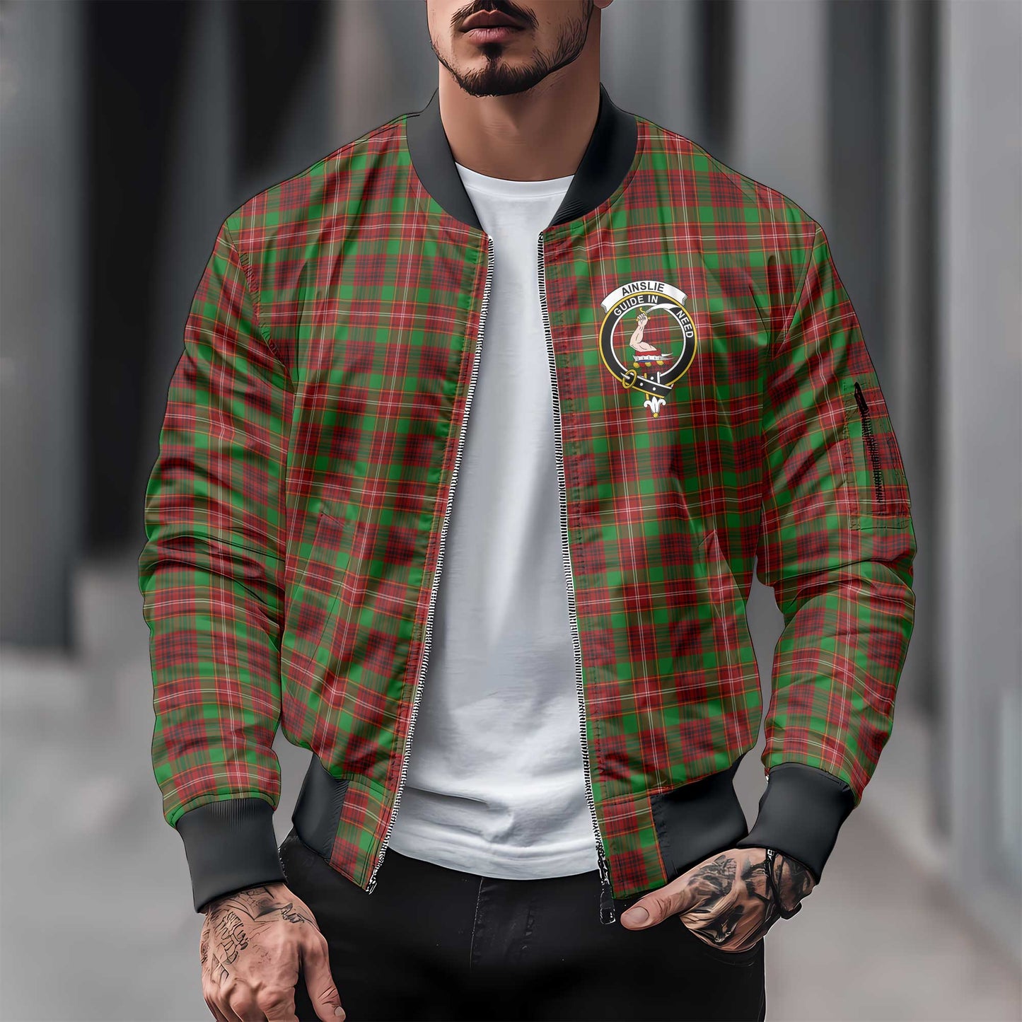 Clan Ainslie Tartan Men Bomber Jacket Crest And Plaid Basic Style