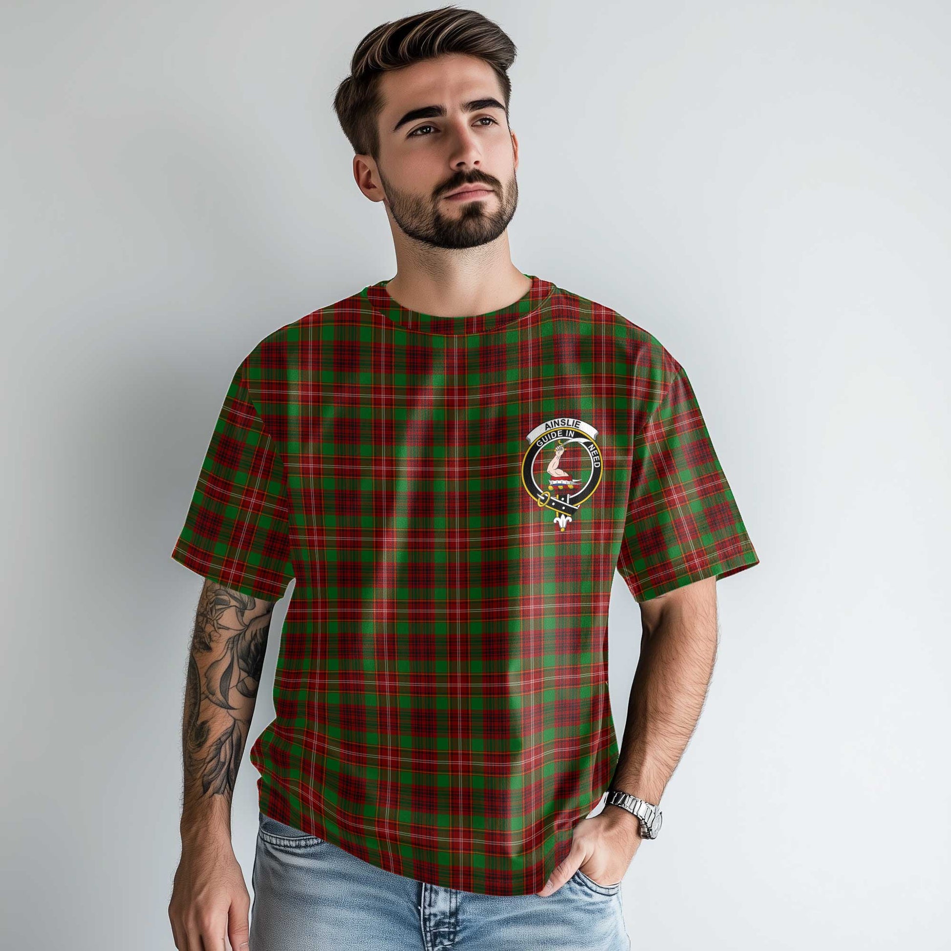 Clan Ainslie Tartan Men T Shirt Crest And Plaid Basic Style