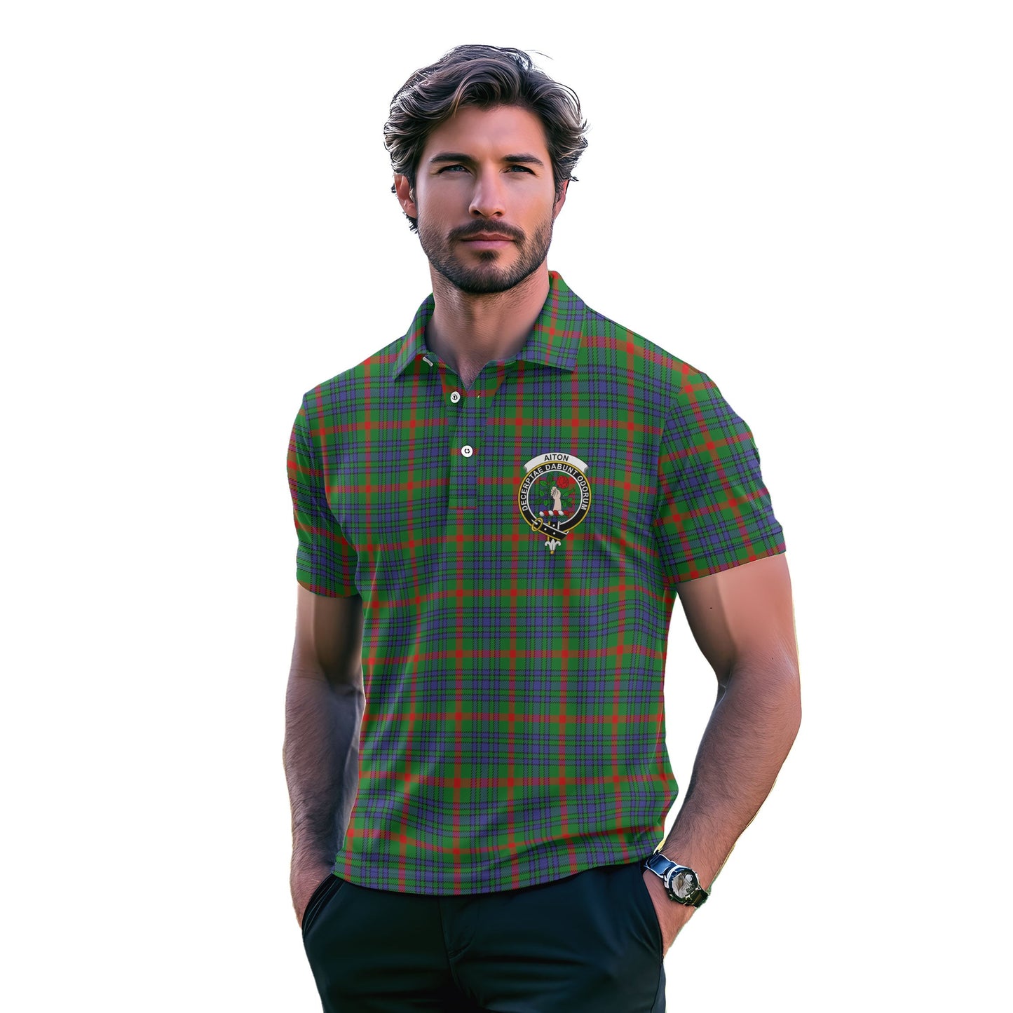 Clan Aiton Tartan Golf Men Polo Shirt Crest And Plaid Basic Style