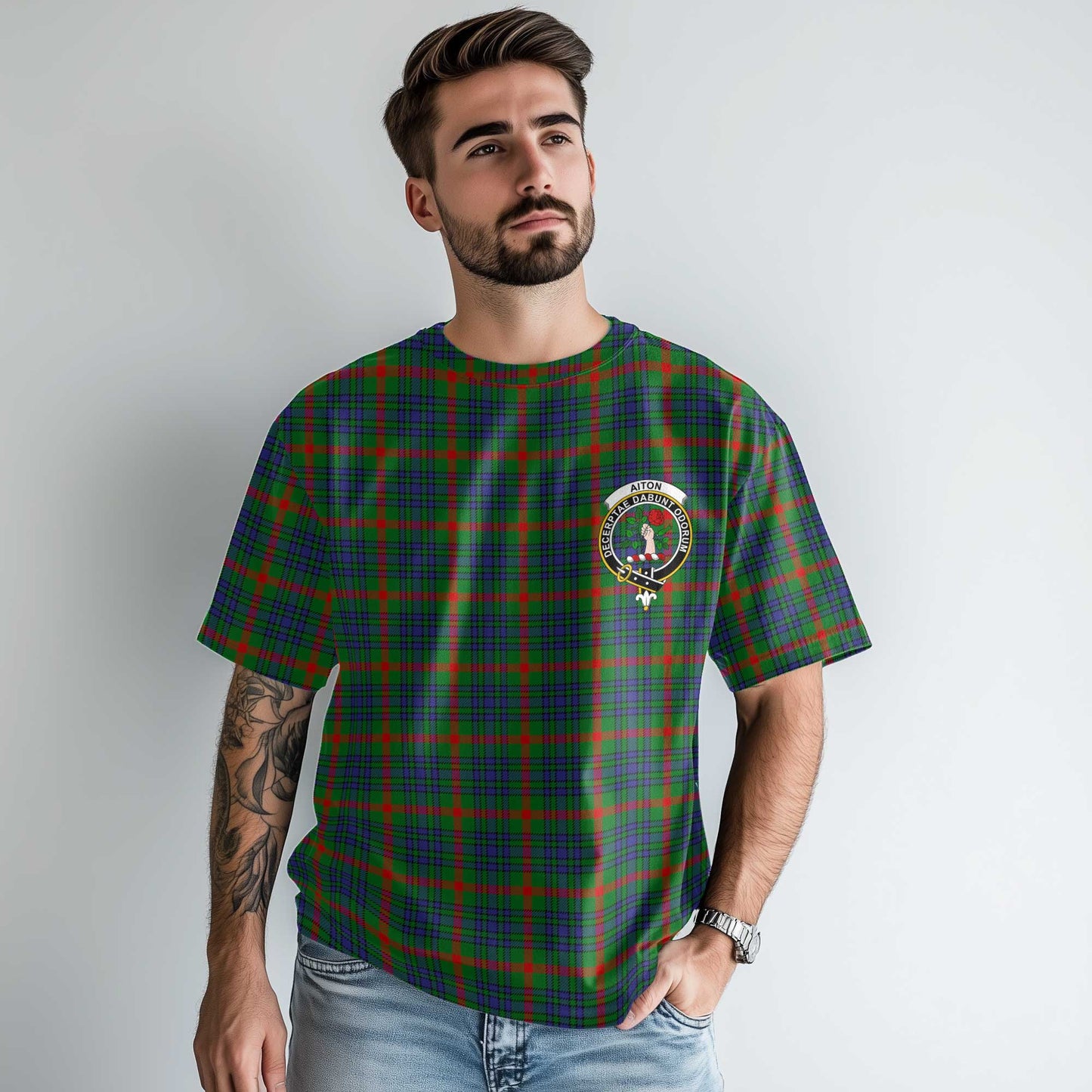 Clan Aiton Tartan Men T Shirt Crest And Plaid Basic Style