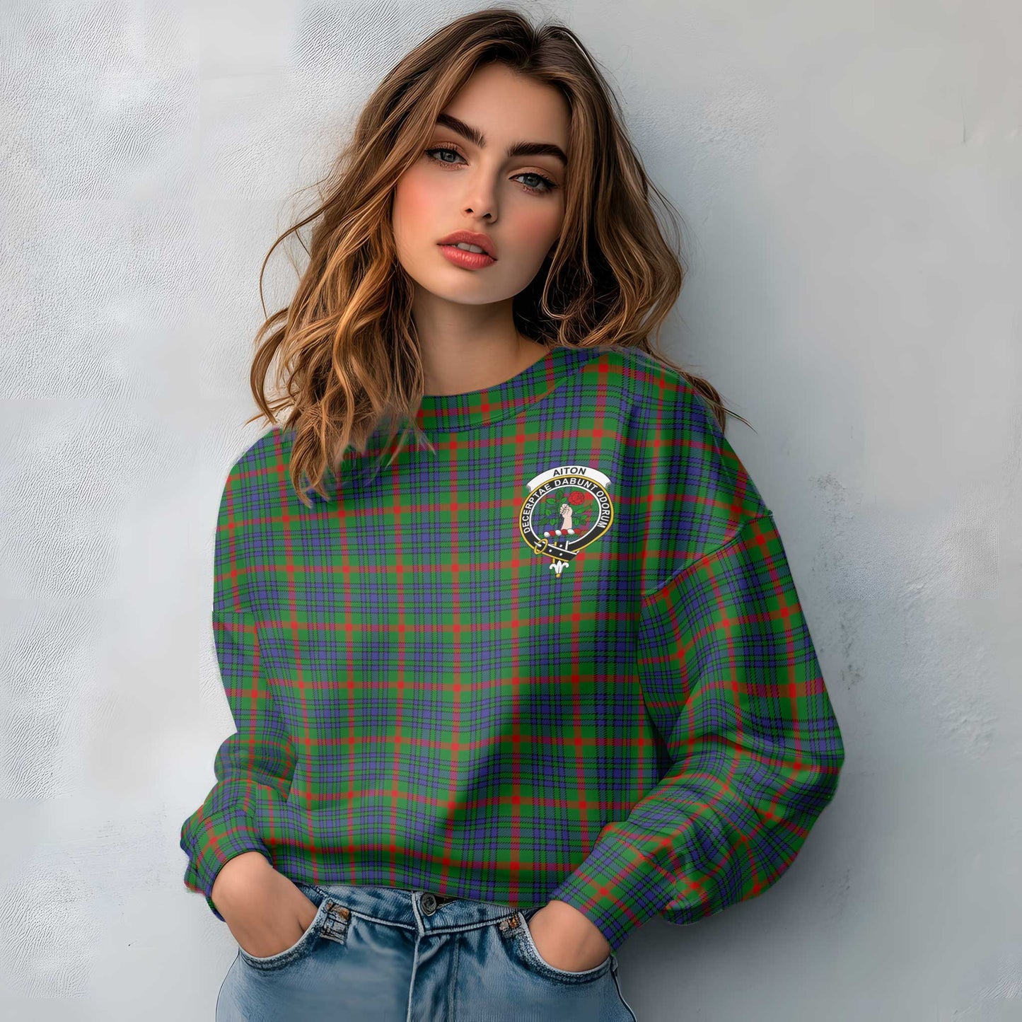 Clan Aiton Tartan Women Sweatshirt Crest And Plaid Basic Style