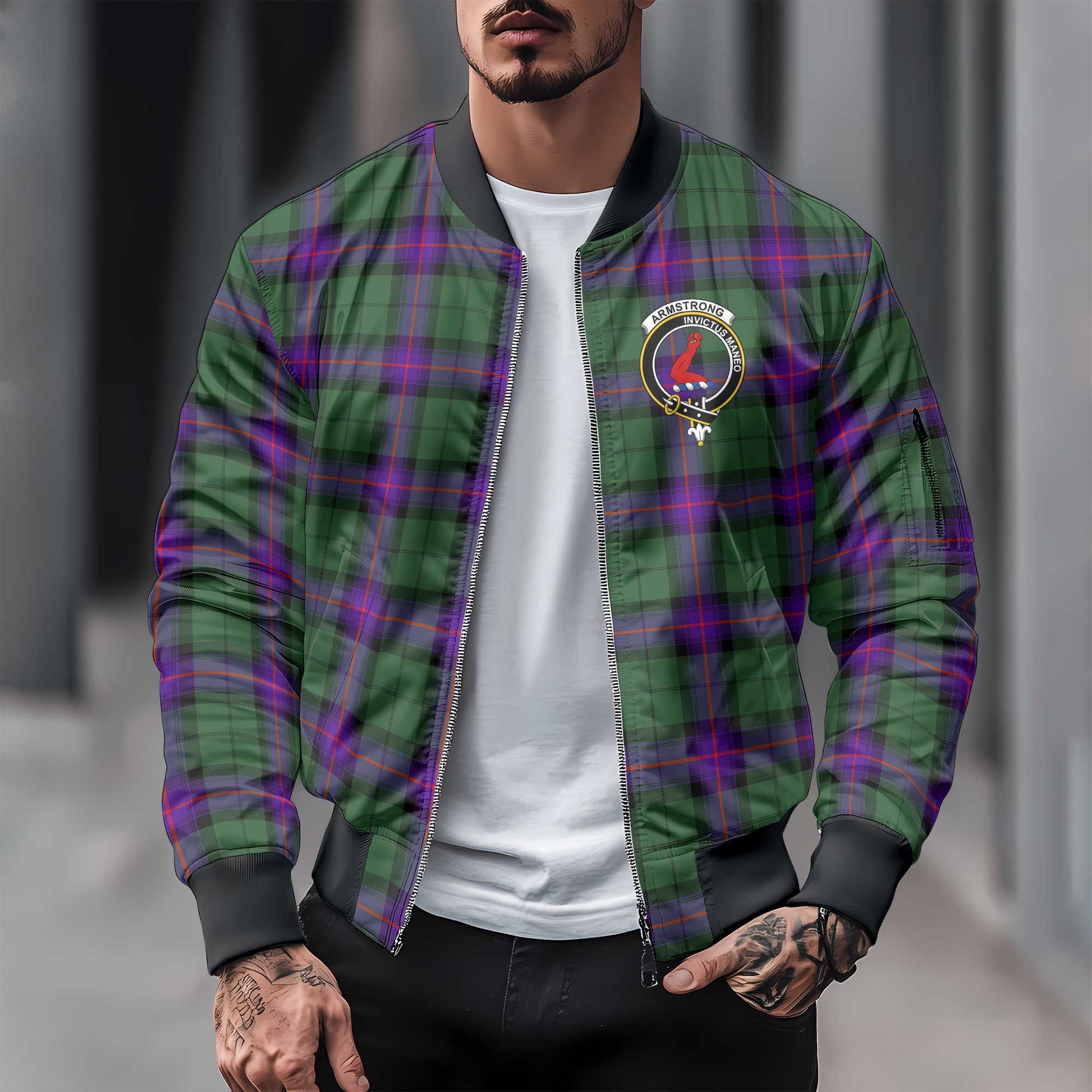 Clan Armstrong Tartan Men Bomber Jacket Crest And Plaid Basic Style