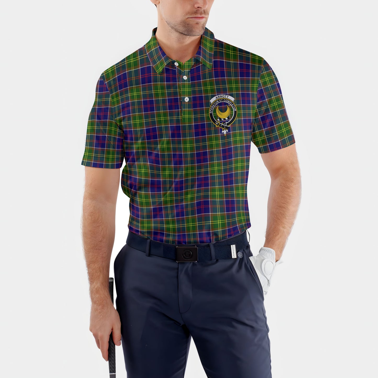 Clan Arnott Tartan Golf Men Polo Shirt Crest And Plaid Basic Style