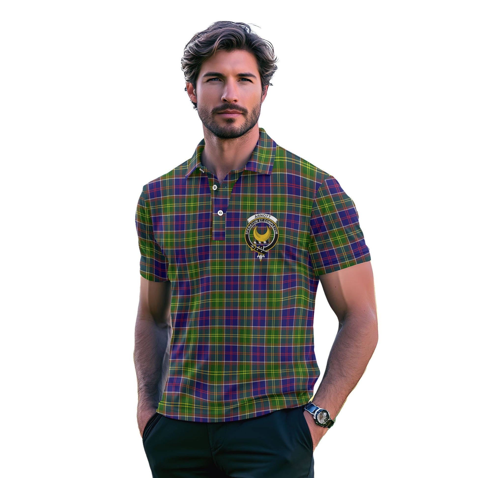 Clan Arnott Tartan Golf Men Polo Shirt Crest And Plaid Basic Style