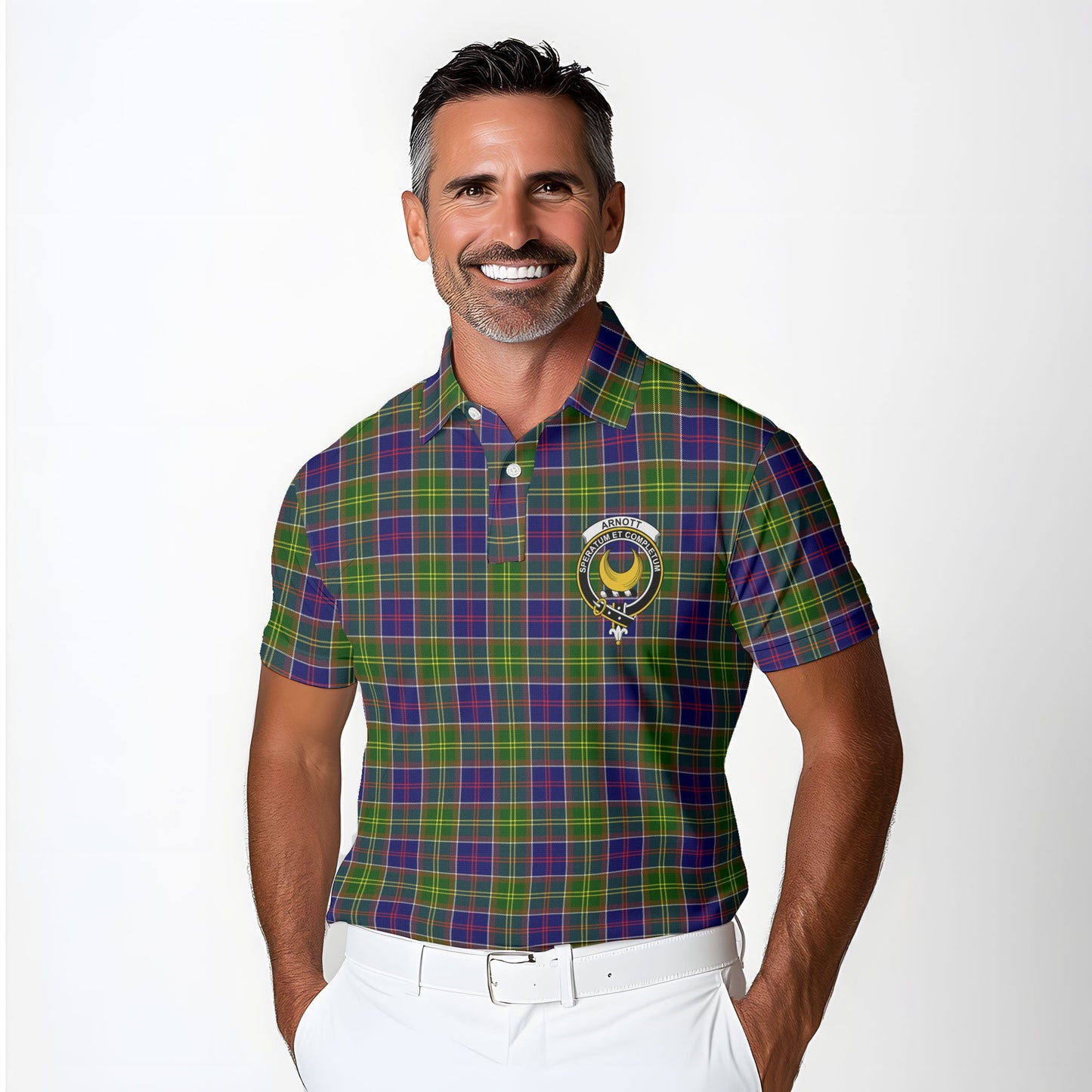 Clan Arnott Tartan Golf Men Polo Shirt Crest And Plaid Basic Style