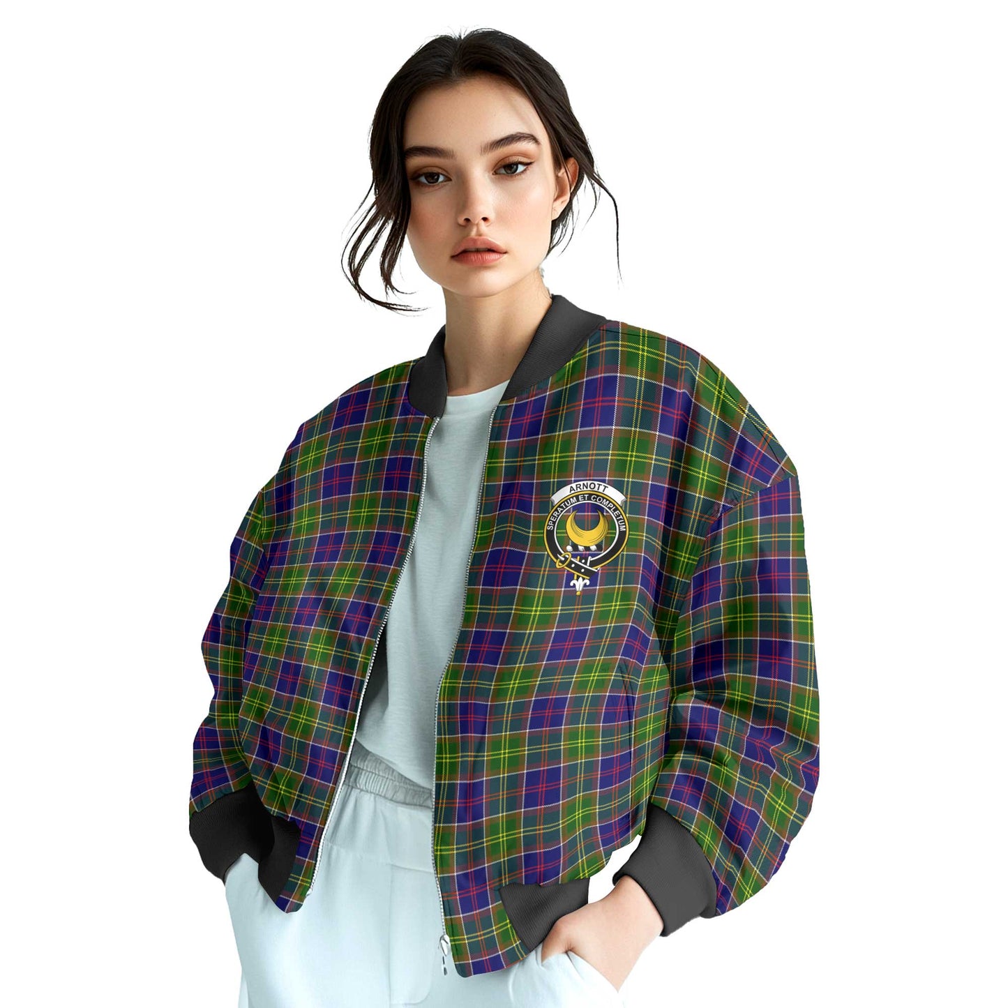 Clan Arnott Tartan Women Bomber Jacket Crest And Plaid Basic Style