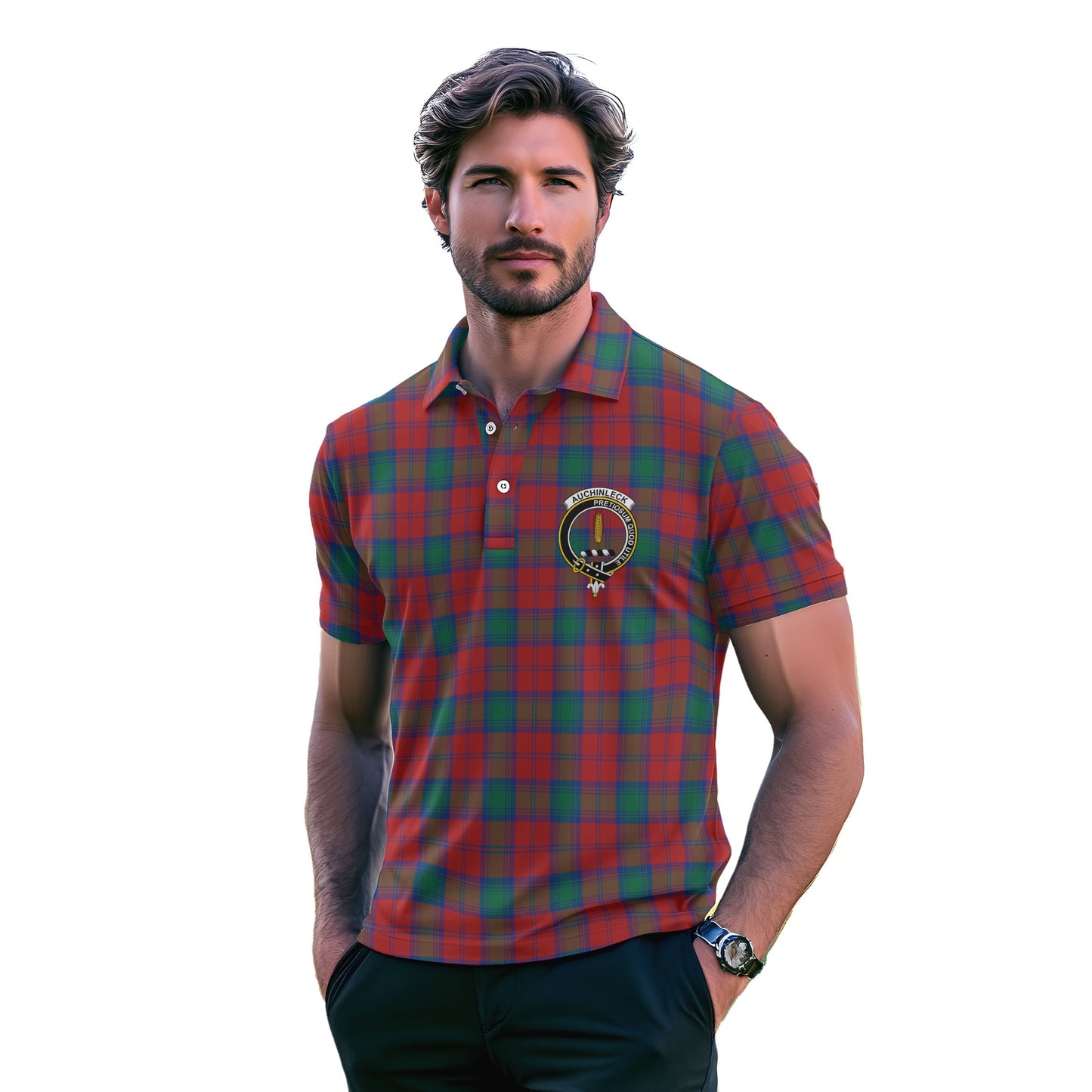 Clan Auchinleck Tartan Golf Men Polo Shirt Crest And Plaid Basic Style